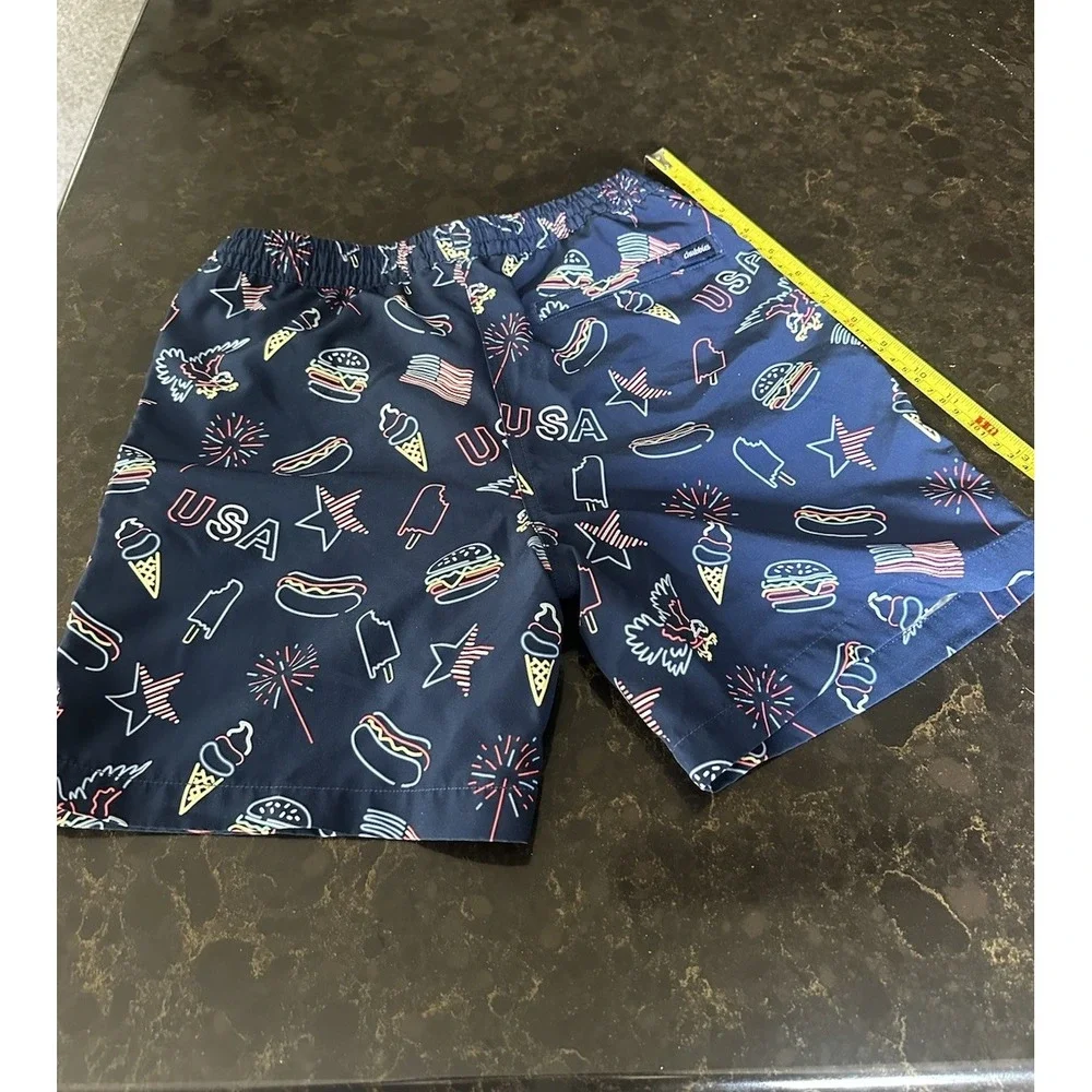 Chubbies Youth Swim Trunks Medium 10/12 USA Neon Hot Dog Burger Navy Blue Liner